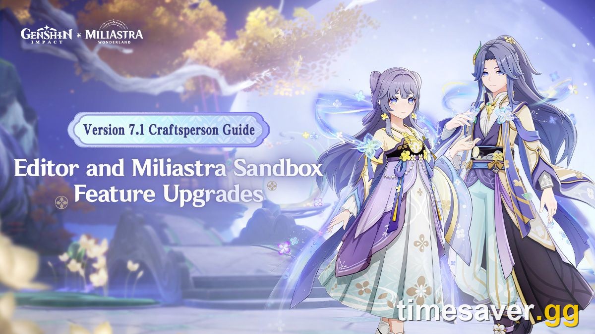Official Genshin Impact Version 7.1 Craftsperson Guide key art for Editor and Miliastra Sandbox Feature Upgrades showing two Manekin characters in purple and gold robes