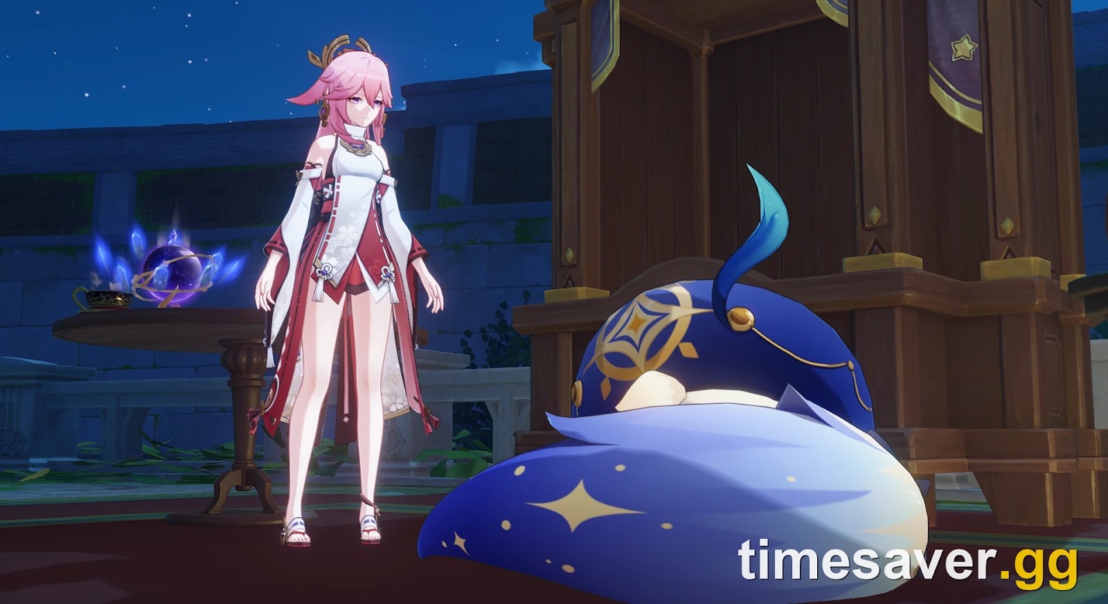 Yae Miko standing at Barbeloth's fortune-telling booth at night in the Witch's Revelation: Great Youkai's Instruction world quest in Genshin Impact