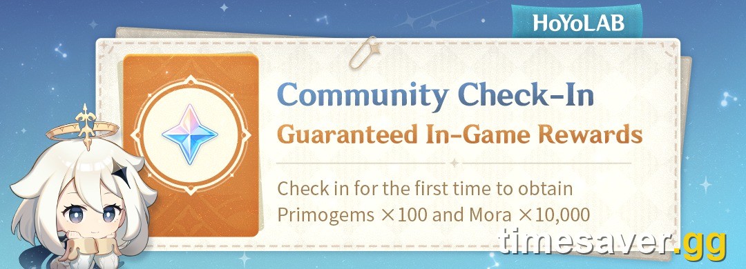 Official HoYoLAB Community Check-In banner for Genshin Impact, promising Primogems x100 and Mora x10,000 for a first check-in, with Paimon beside the reward icons