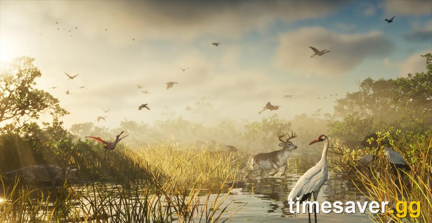 GTA 6 wetland scene from Game Informer's cover story with an alligator, a roseate spoonbill, a deer and a white crane in the Leonida swamps
