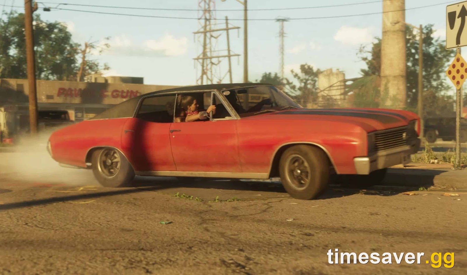 GTA 6 trailer still — a red classic muscle car (the Declasse Tulip) cruising a Leonida street at sunset