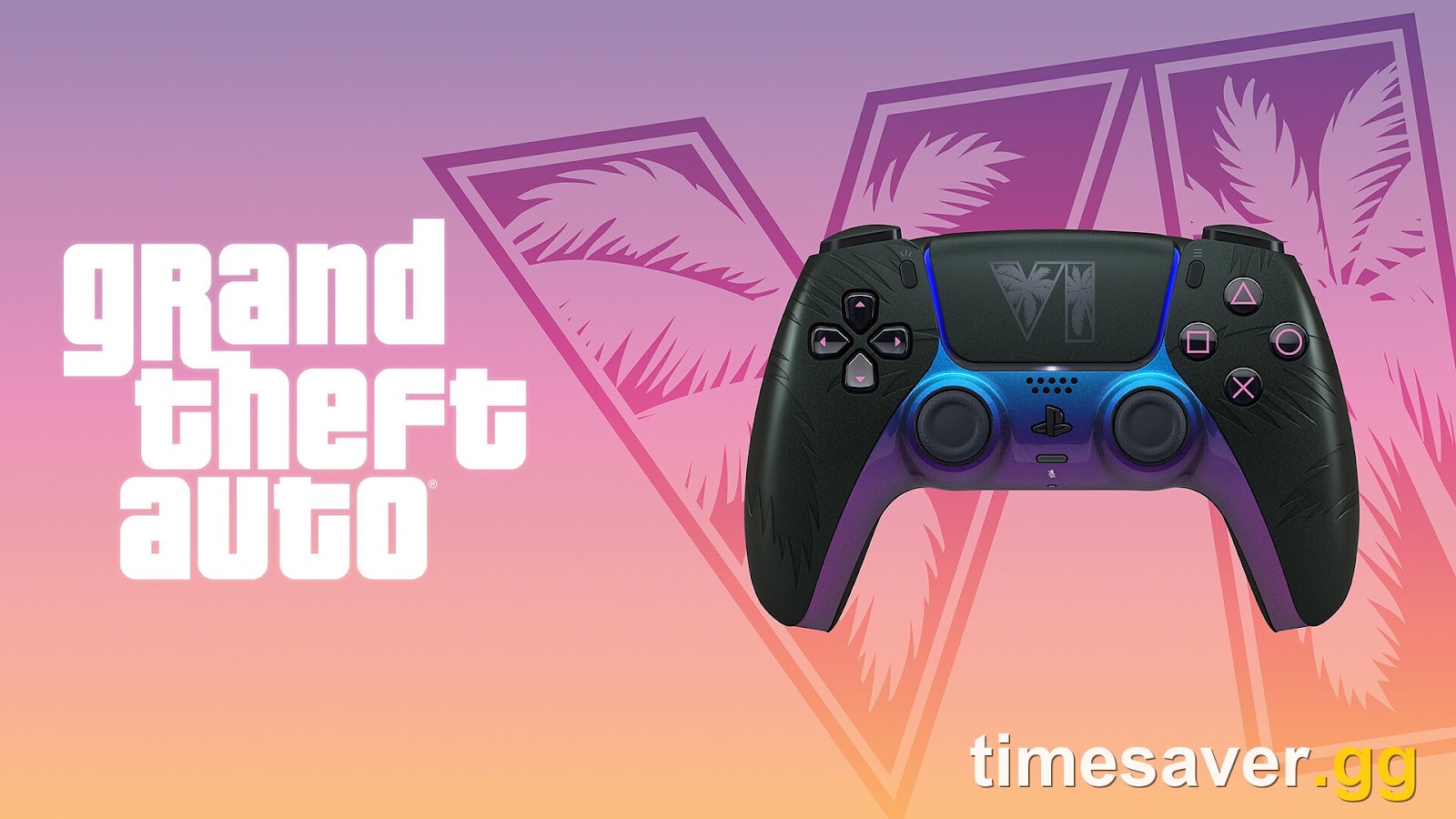 The black GTA 6 limited edition DualSense controller with a VI palm-tree touchpad and colour-shifting blue-purple trim, in front of the Grand Theft Auto logo
