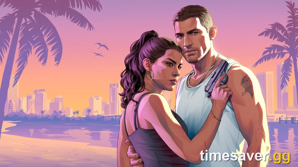 GTA 6 protagonists Jason and Lucia in front of the Vice City skyline — official Rockstar Games key art for the November 19, 2026 launch