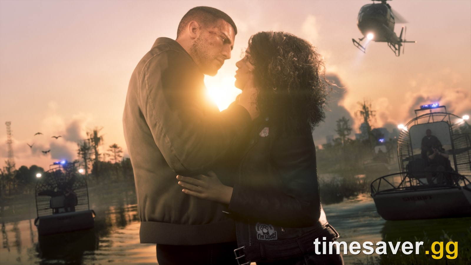 Official GTA 6 screenshot of Jason Duval and Lucia Caminos embracing at sunset while police airboats and a helicopter close in behind them