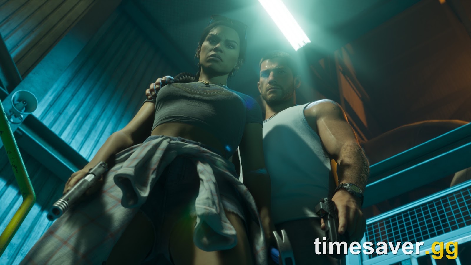 Official GTA 6 screenshot of Jason Duval and Lucia Caminos standing together with pistols drawn under teal neon light