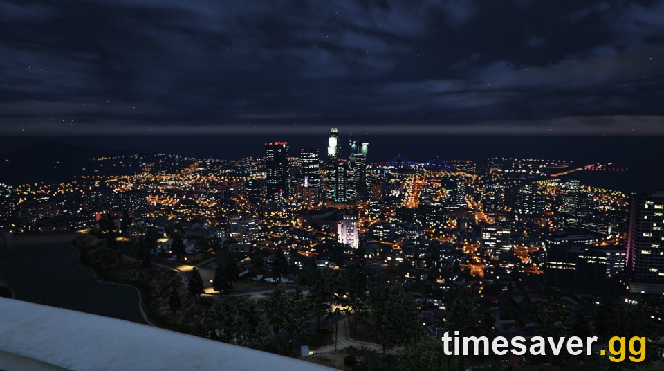 The Los Santos skyline lit up at night in GTA Online, the city players are prepping in before GTA 6