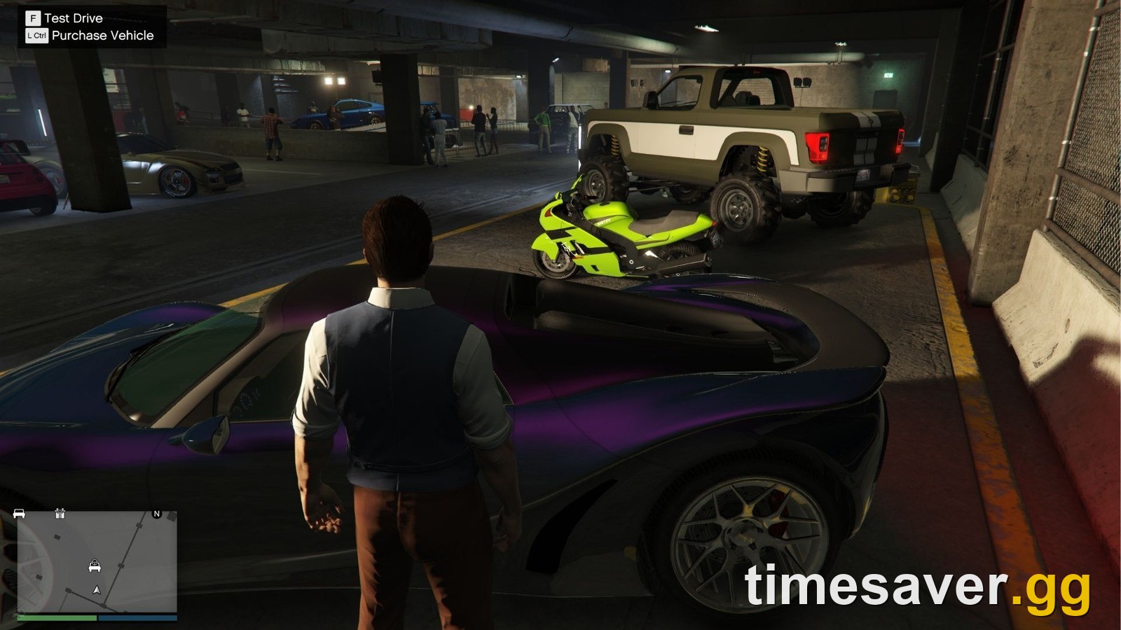 GTA Online LS Car Meet interior with test ride vehicles and players on the meet floor