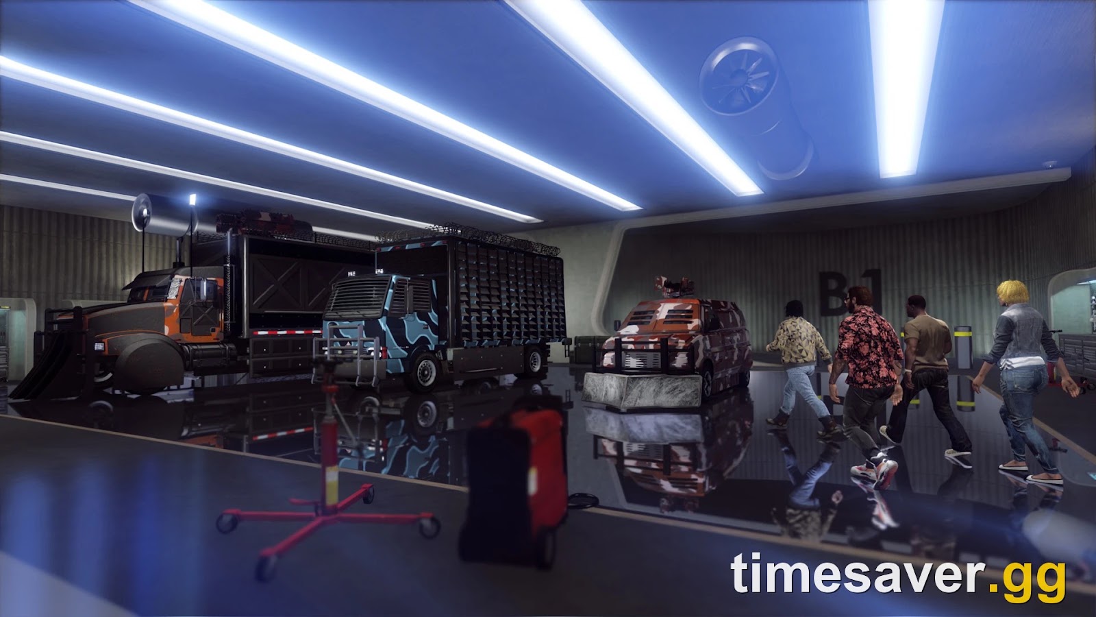 The B1 delivery garage of a GTA Online nightclub warehouse with a Pounder Custom delivery truck parked inside