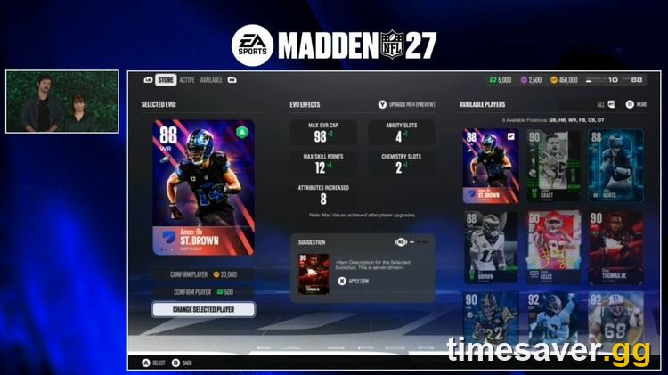 Madden NFL 27 Ultimate Team Evo screen showing an 88 OVR Amon-Ra St. Brown card with Evo Effects: 98 max OVR cap, 4 ability slots, 12 max skill points and 2 chemistry slots