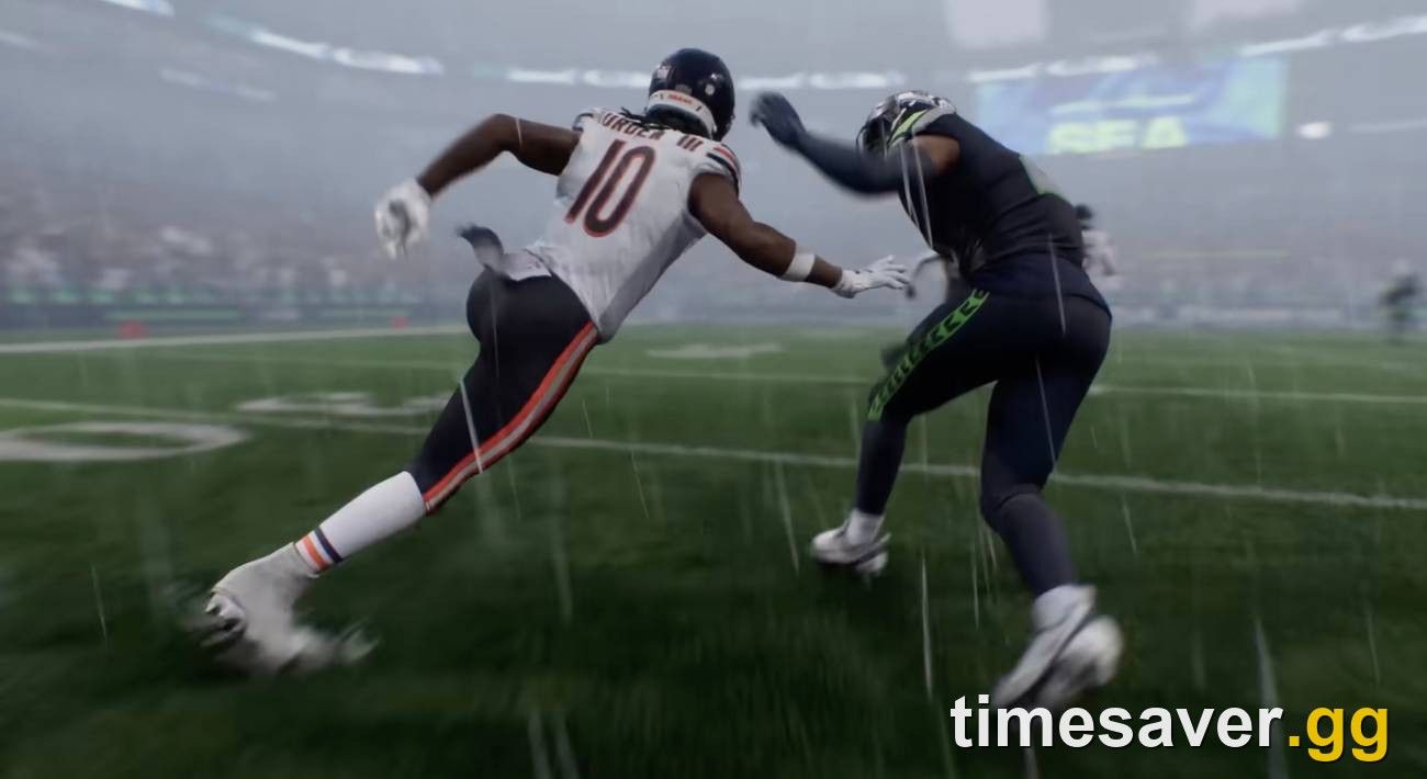 Madden NFL 27 gameplay in the rain, showing dynamic weather as the Chicago Bears face the Seattle Seahawks
