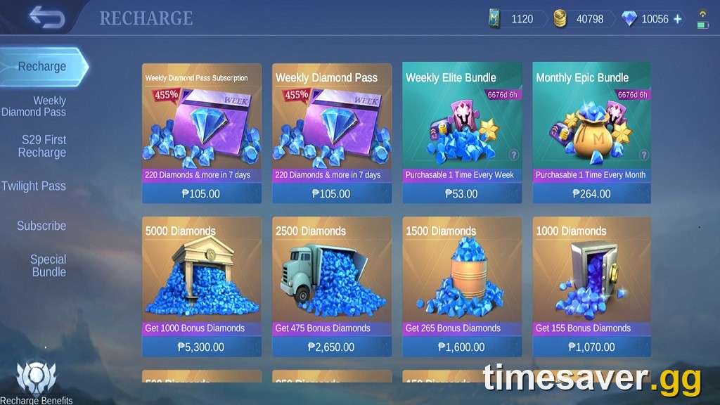 Mobile Legends in-game Recharge store showing diamond packages and bonus bundles