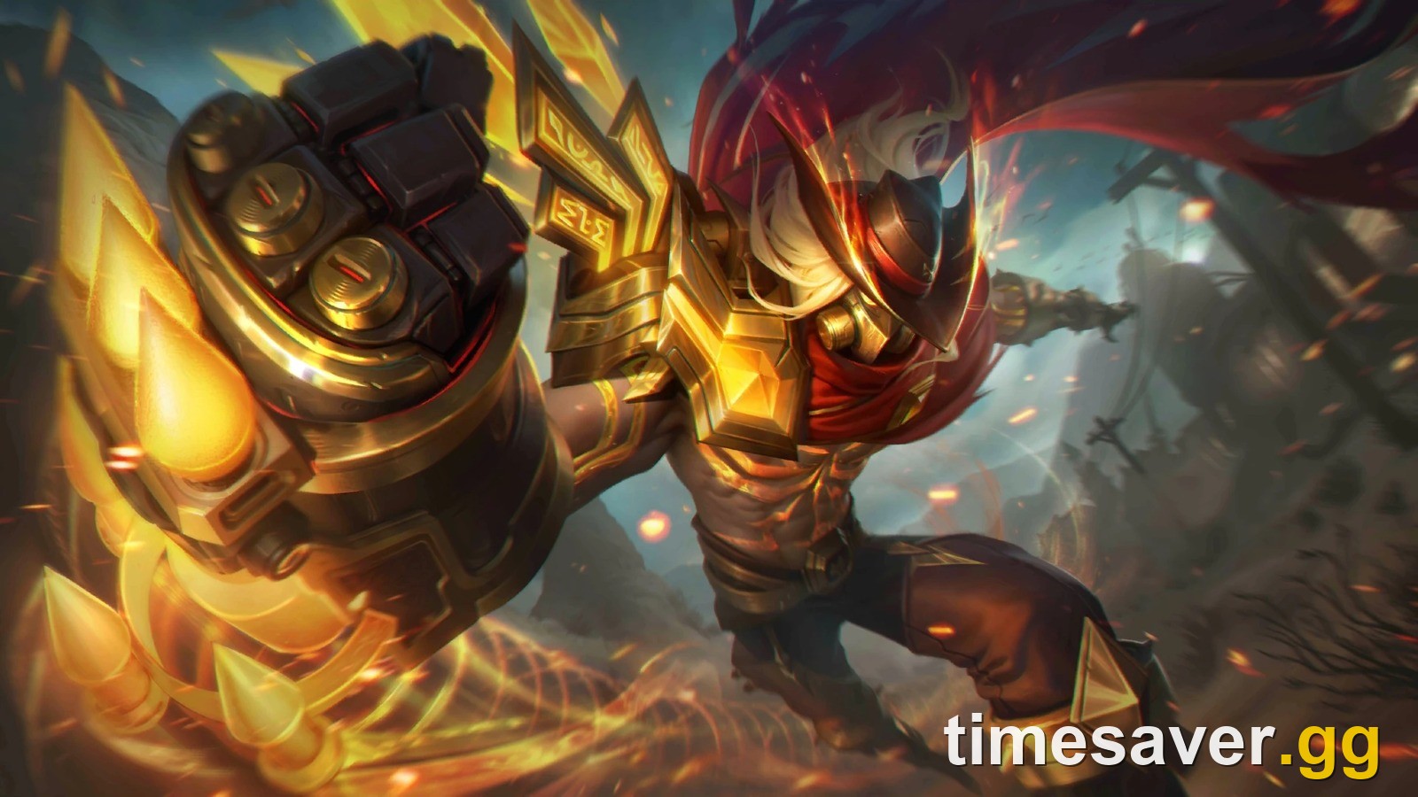 Aldous Blazing Force skin official splash art swinging his giant gauntlet for the Mobile Legends Aldous build guide