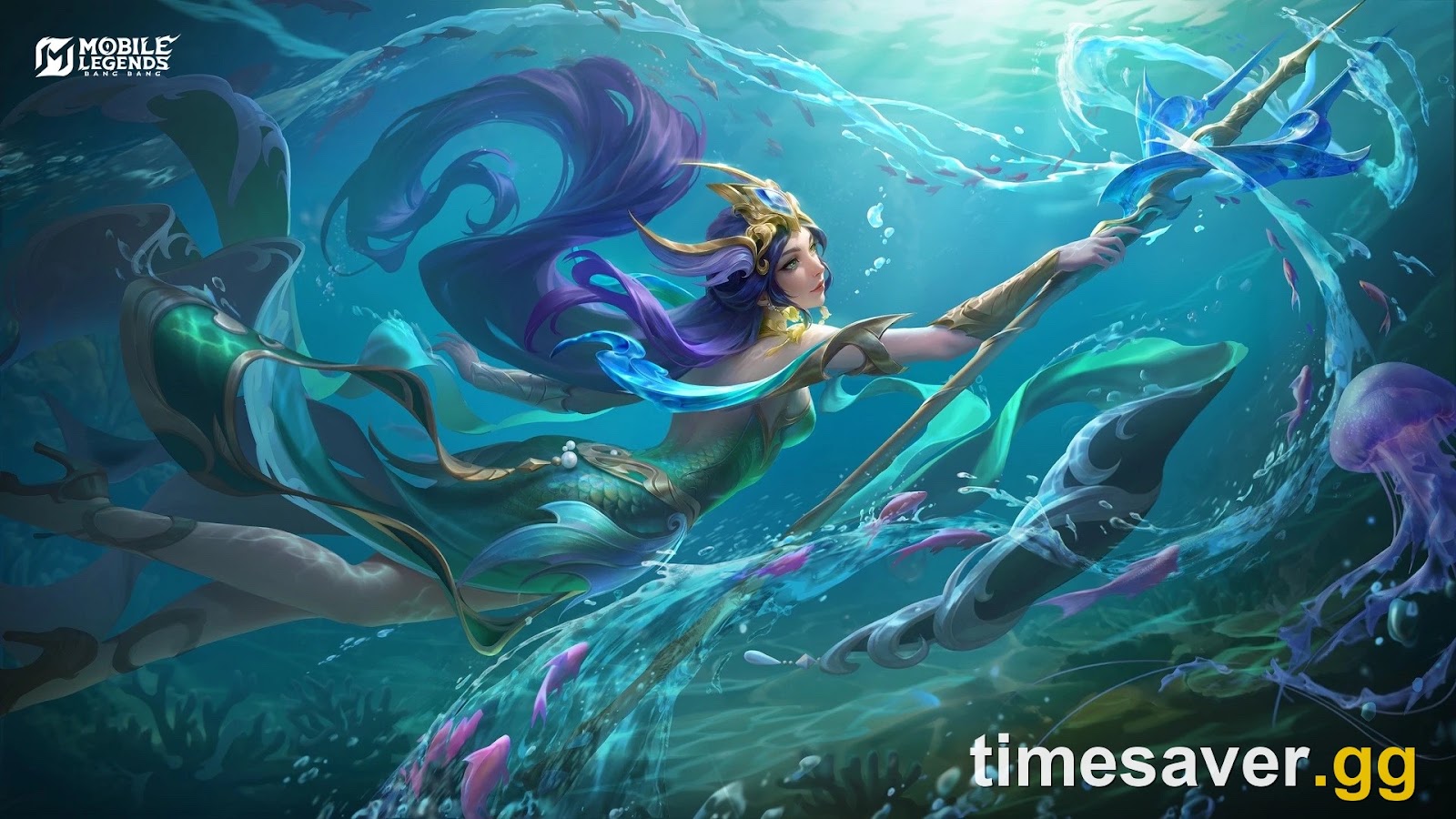 Kadita Ocean Goddess default skin new Season 42 official splash art swimming underwater with her trident for the Mobile Legends Kadita build guide