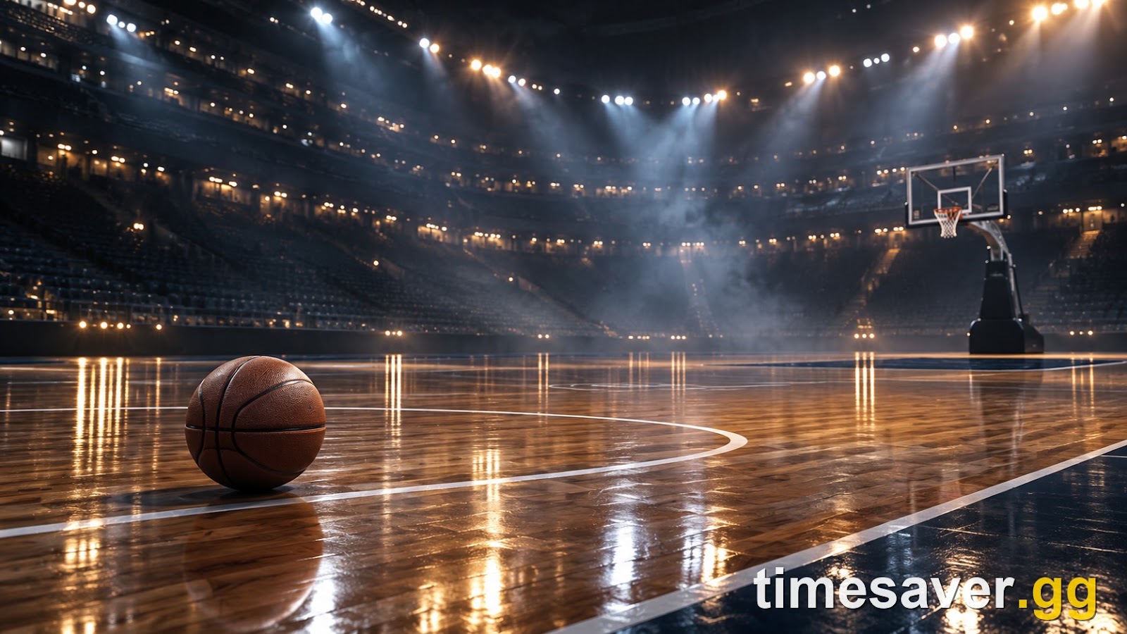 Atmospheric basketball arena court hero image for an NBA 2K27 shooting guard build guide