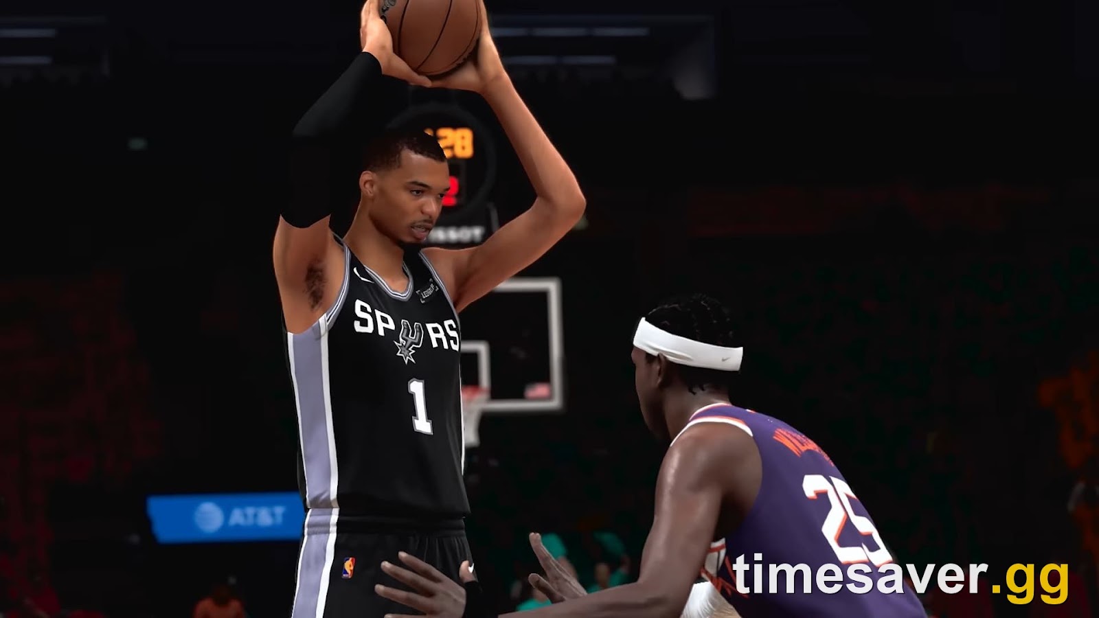 NBA 2K27 on-court gameplay showing a MyCAREER-style matchup