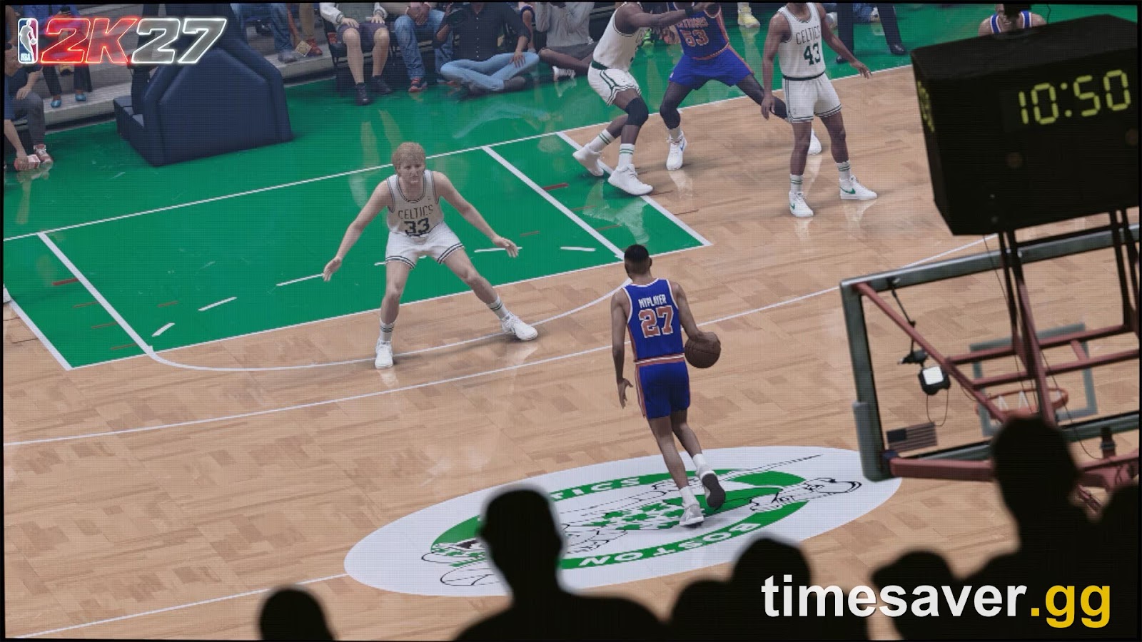 NBA 2K27 gameplay of a MyPLAYER ball-handler being defended one-on-one as he sizes up a drive to the rim