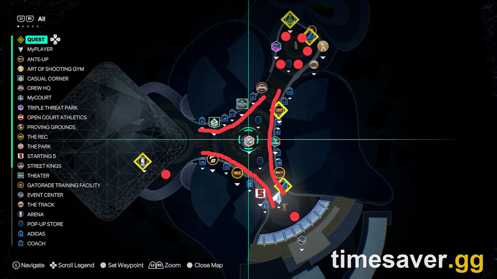 NBA 2K27 City map with every trick or treat location marked in red: three storefront routes plus standalone spots