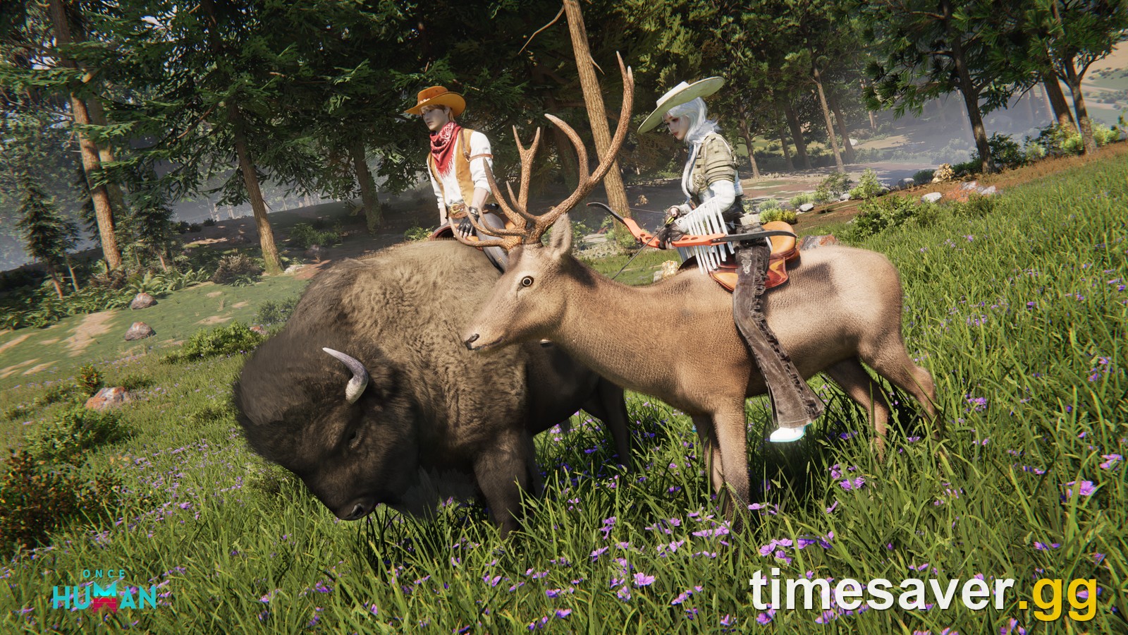 Two Once Human players riding a wild buffalo and a deer through a flower field after the Beast Riding update