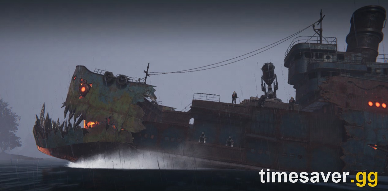 Once Human Isles of Abyss ocean expansion — a large maritime warship on misty open water