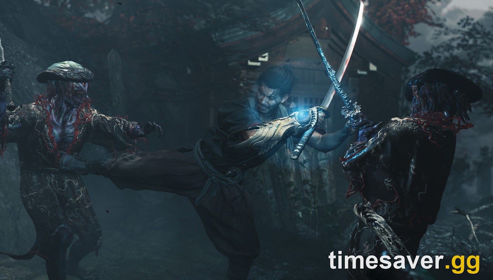 Miyamoto Musashi dueling two Genma bosses with his katana and glowing Oni Gauntlet at a shrine in Onimusha: Way of the Sword