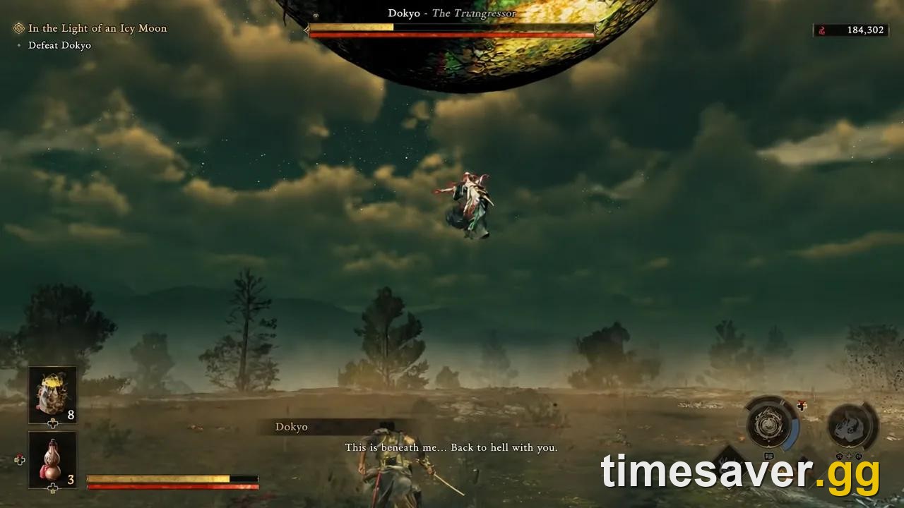 Dokyo, The Transgressor boss with her health bar on screen as Musashi fights her in Onimusha: Way of the Sword