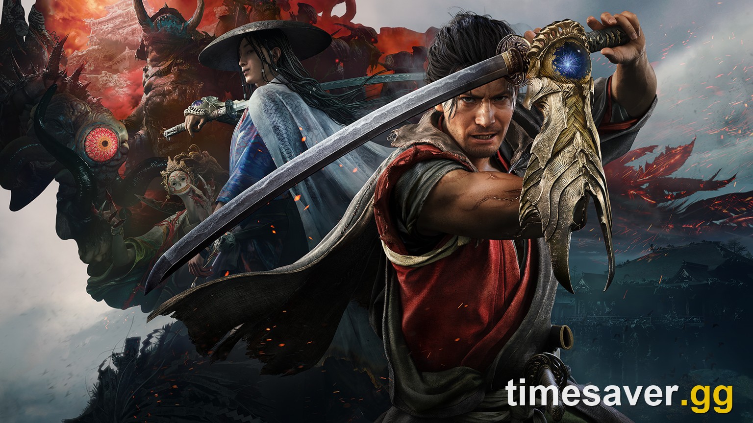 Official key art of Miyamoto Musashi wielding the Oni Gauntlet and katana as Genma loom behind him in Onimusha: Way of the Sword.