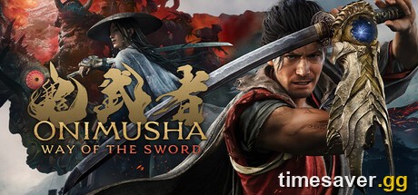 Official Onimusha: Way of the Sword key art of Miyamoto Musashi drawing his katana with the Oni Gauntlet.