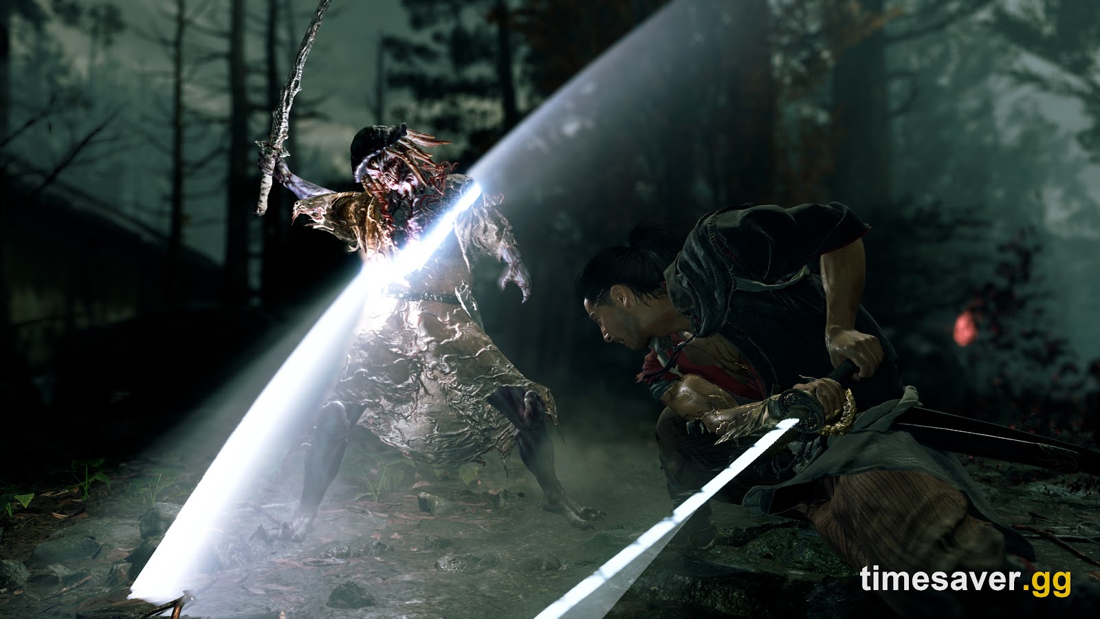 Miyamoto Musashi mid-slash against a Genma in a corrupted forest in Onimusha: Way of the Sword.