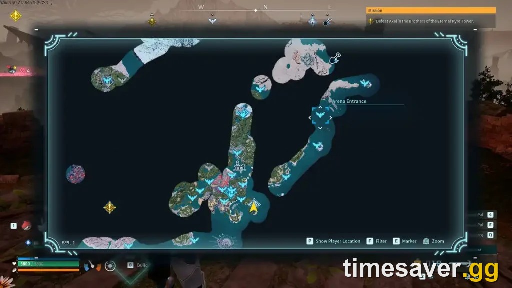 Palworld world map showing the Arena Entrance on an island east of the Eastern Wild Island