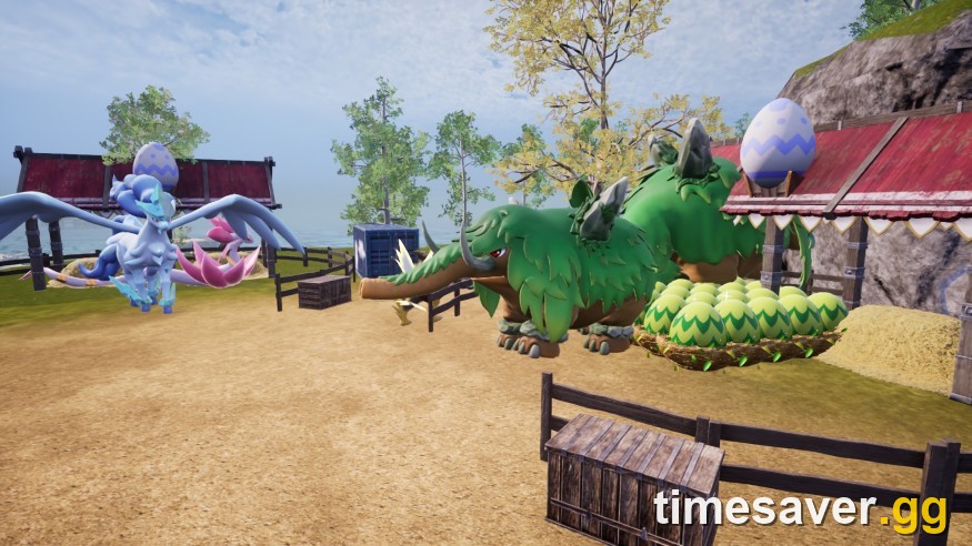 Palworld Breeding Farm with parent Pals and eggs, used for breeding combos in the 1.0 update