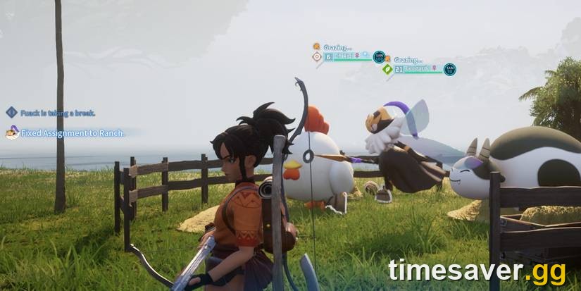 A Palworld Ranch with grazing Pals dropping resources onto the floor in the 1.0 update