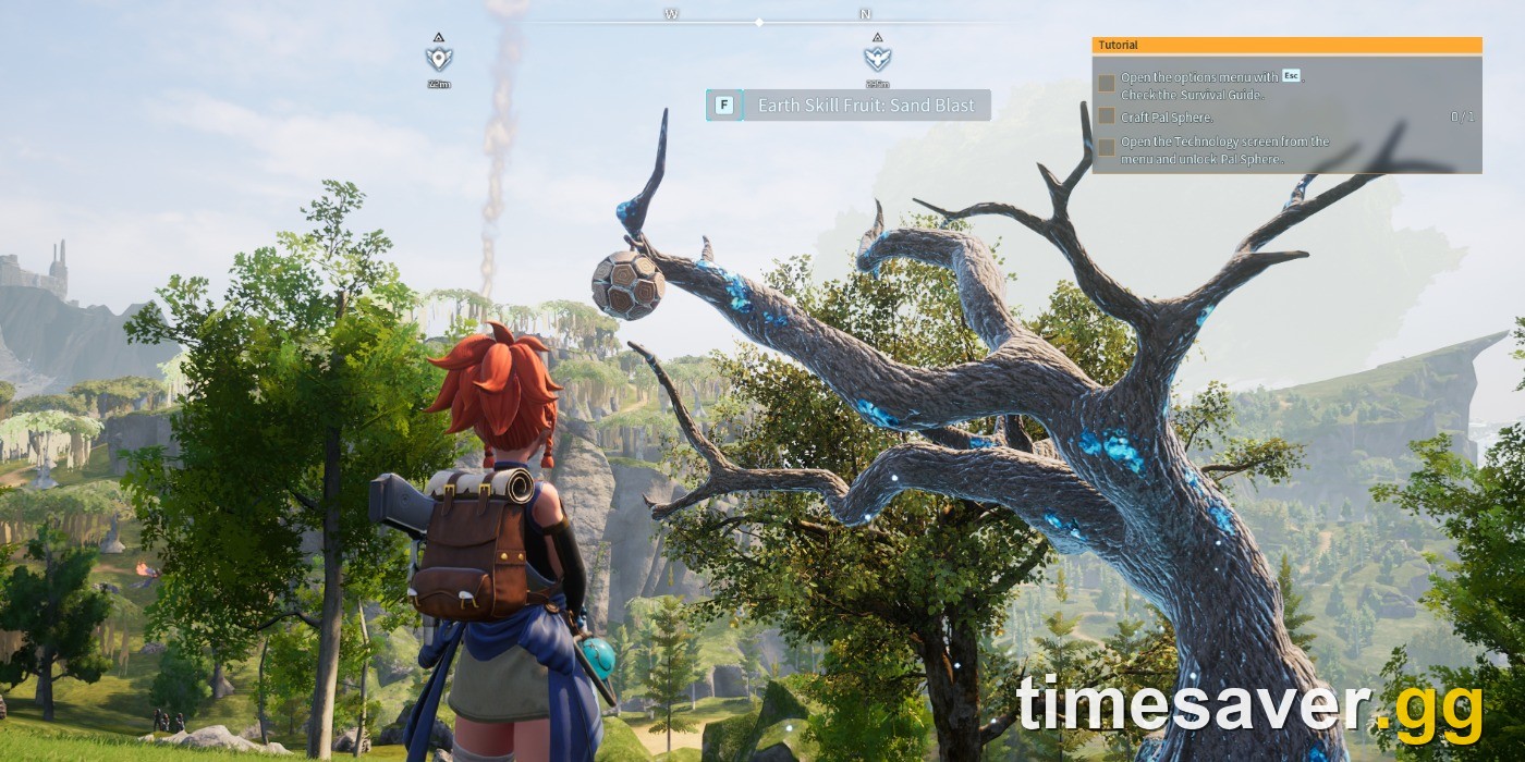 Palworld Skill Fruit Tree with a named Skill Fruit hanging from a blue-veined branch overlooking a valley