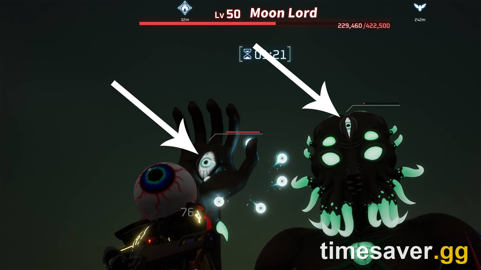 Palworld Moon Lord raid boss fight showing its forehead and hand eye weak points marked with arrows, HP bar and 5-minute timer