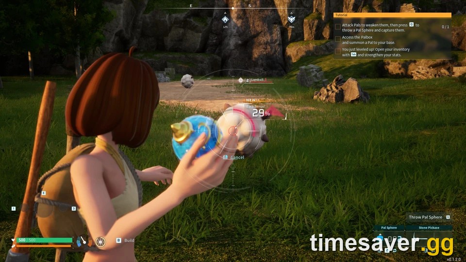 Throwing a Pal Sphere at a wild Pal from behind in Palworld to trigger the back-throw capture bonus