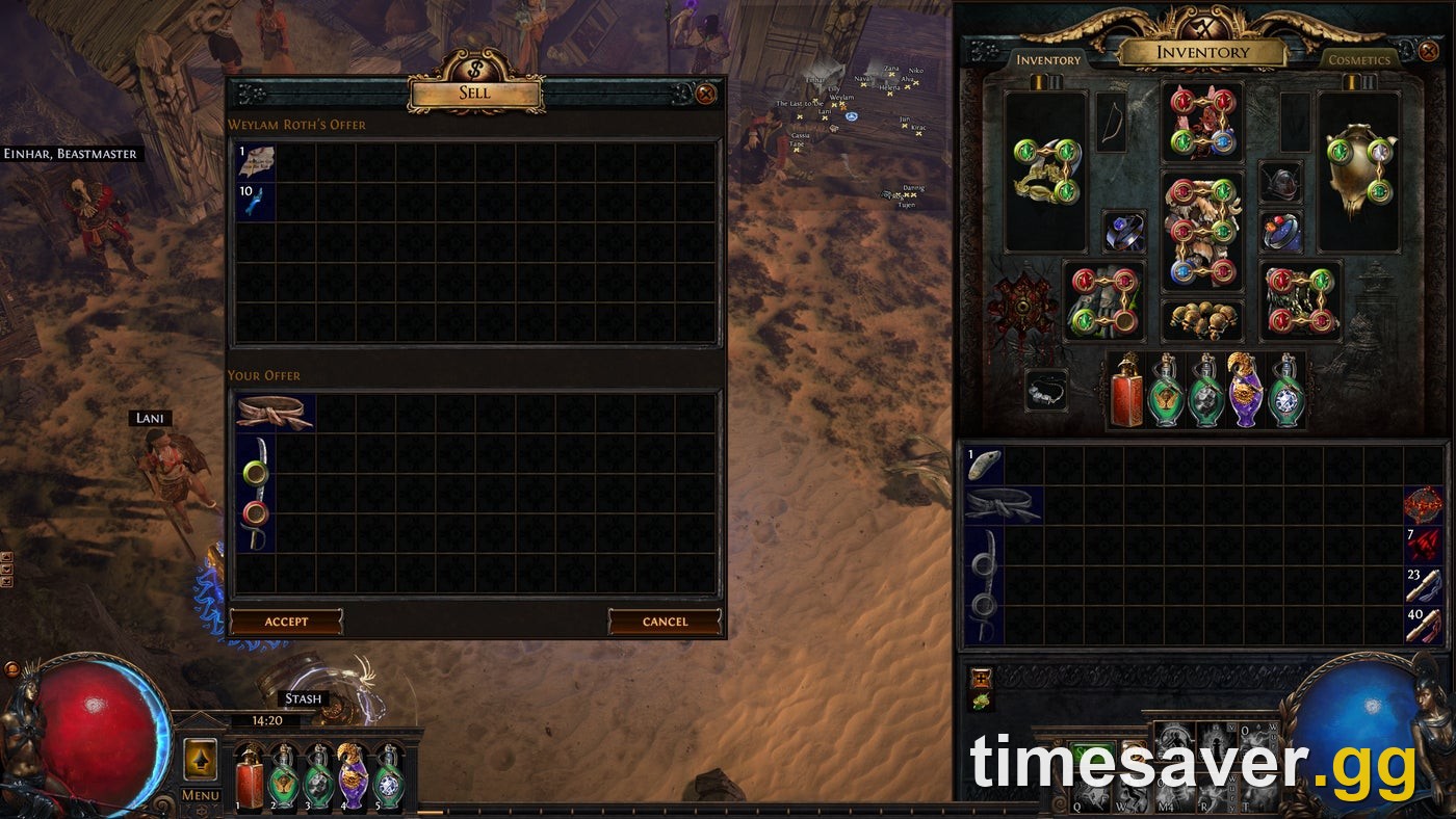 The Path of Exile vendor Sell window with a full set of rare gear being handed in — the Chaos Recipe in action