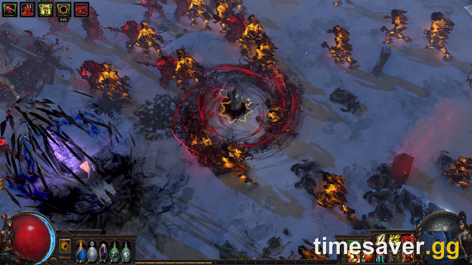 Path of Exile character surrounded by a dense pack of rare monsters — the clear-speed content where Headhunter shines