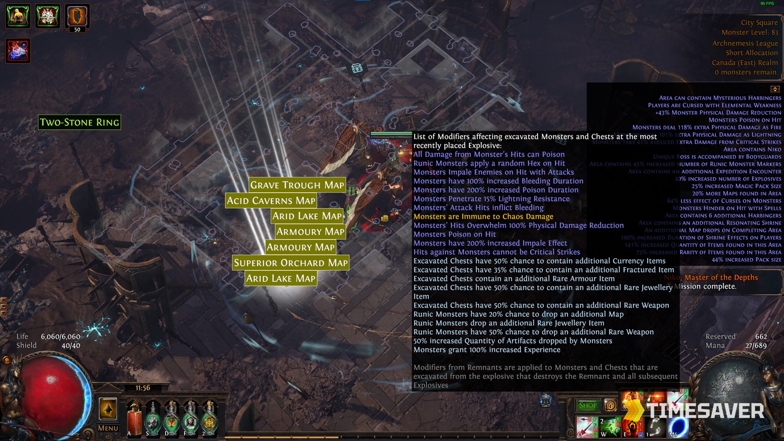 PoE2 Expedition digsite with Unearthed Remnant modifiers and the explosive chain laid across the dig