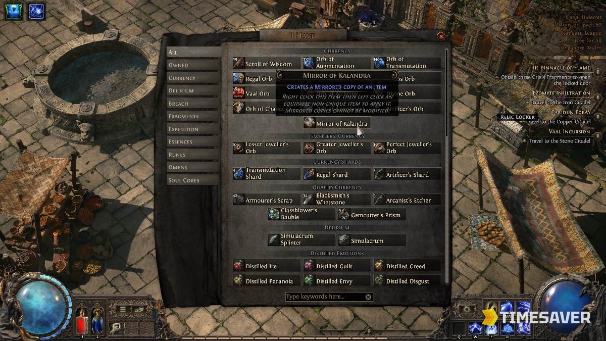 Path of Exile 2 currency stash showing the Mirror of Kalandra tooltip — 'Creates a Mirrored copy of an item' — the rarest orb in the game