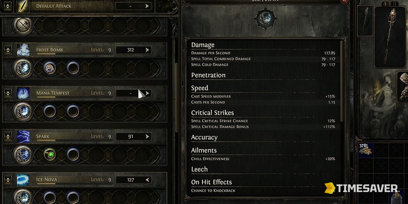 PoE2 Skills panel — skill gems with empty support gem sockets, the slots a Perfect Jeweller's Orb fills