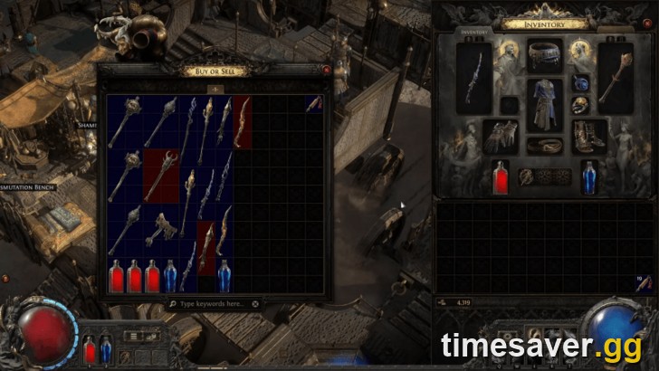 PoE2 in-game vendor and inventory screen filled with bows and weapons in patch 0.5.5