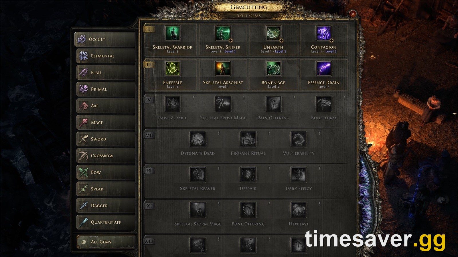 PoE2 Gemcutting window early in the campaign with Level 1 and Level 3 skill gems unlocked