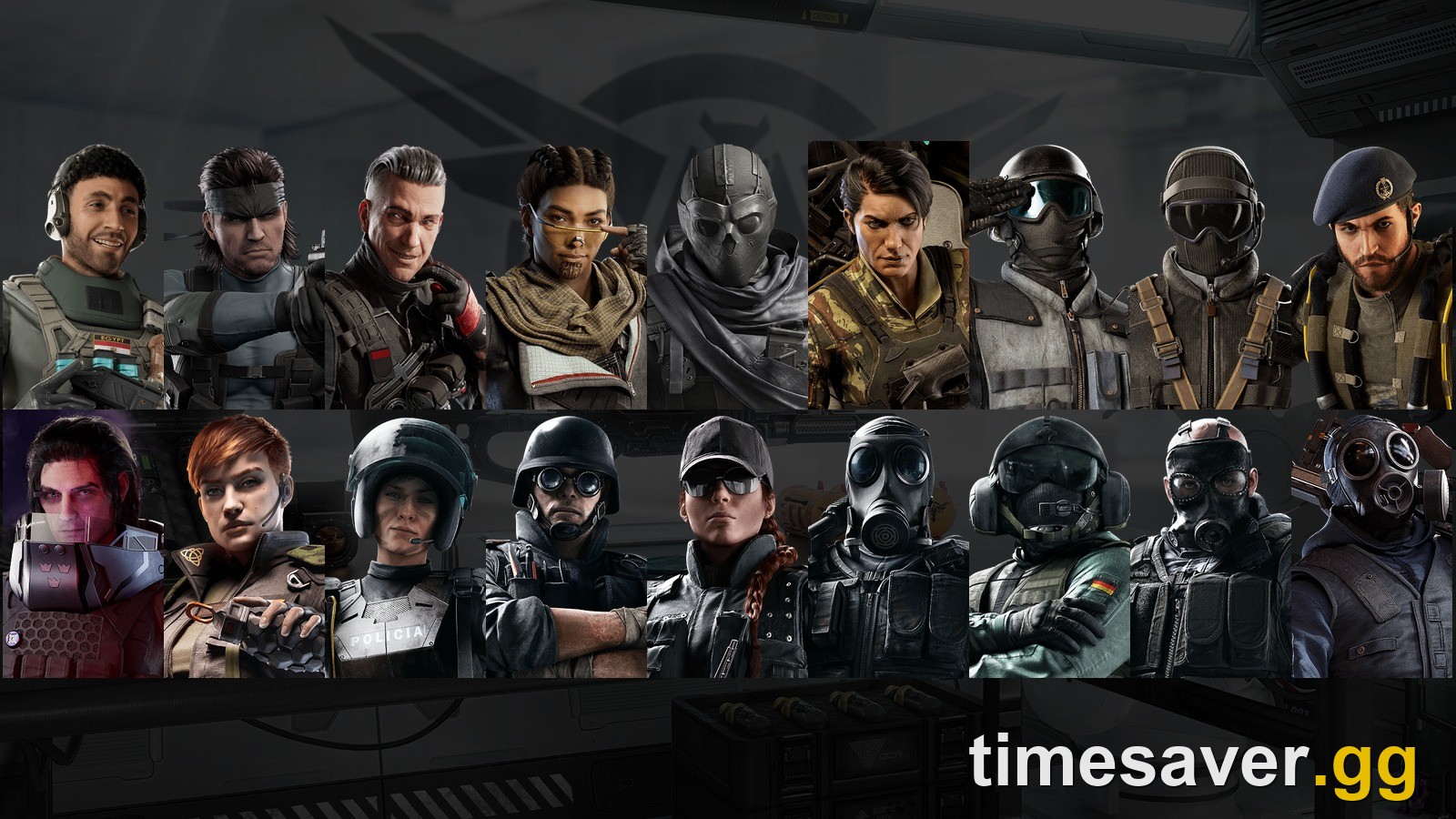 Rainbow Six Siege operator roster portraits including Noor, Solid Snake, Denari, Rauora and Deimos