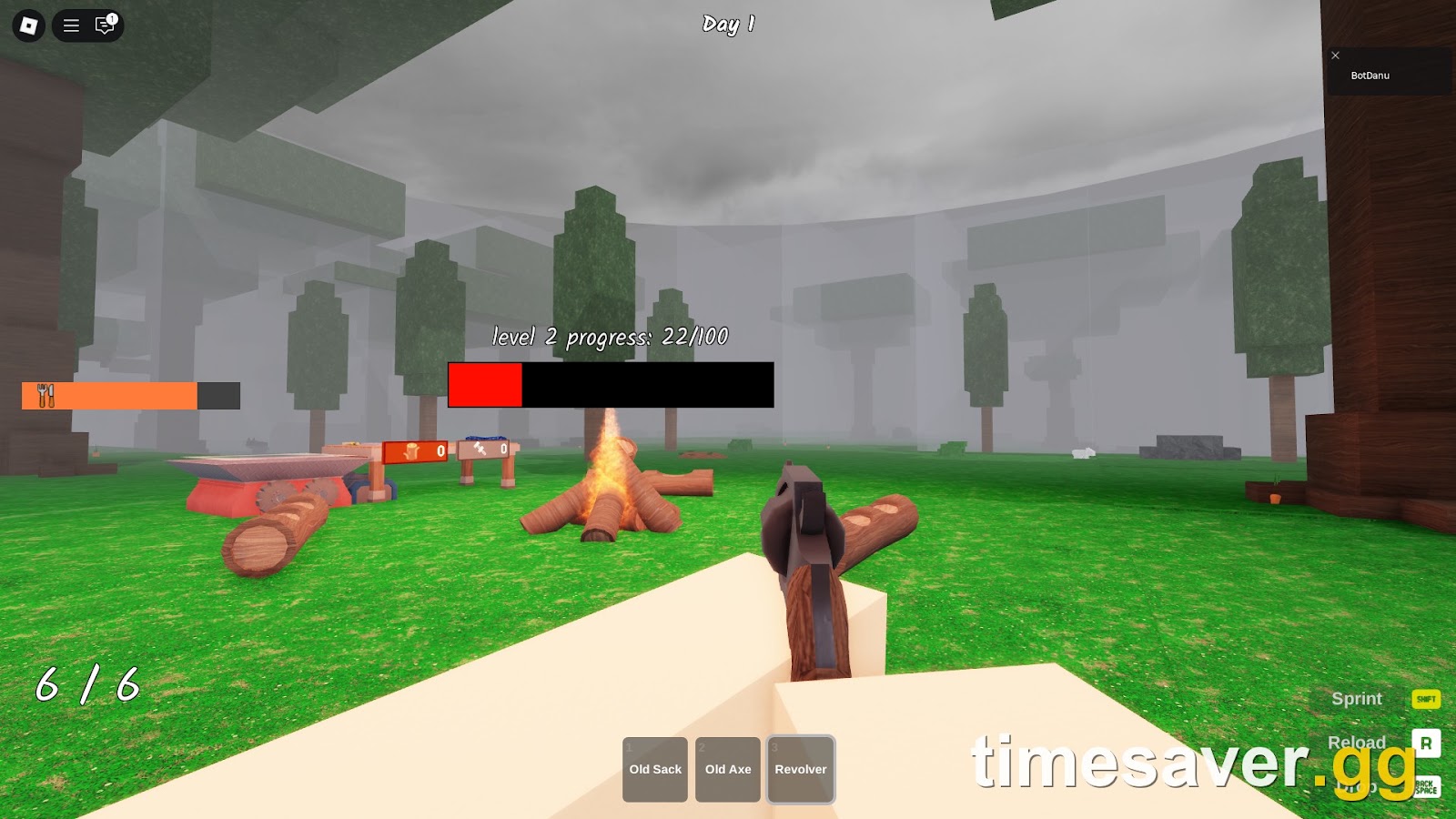 99 Nights in the Forest gameplay with a revolver and axe equipped at a Day 1 forest camp