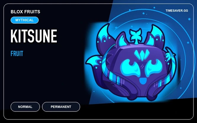 The Blox Fruits Kitsune Fruit — a Mythical Beast-type fruit and the most in-demand physical fruit in the trading economy, shown as its in-game blue fox-fire render