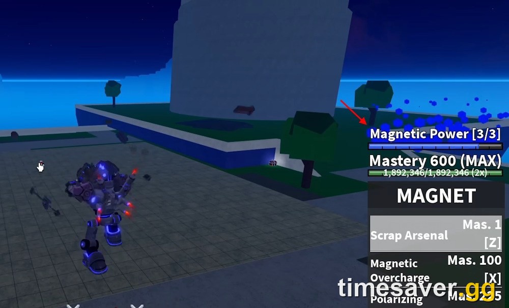 Blox Fruits Magnet in combat with the Magnetic Power [3/3] meter full and the MAGNET moveset panel showing Scrap Arsenal, Magnetic Overcharge, and Polarizing Drop mastery requirements