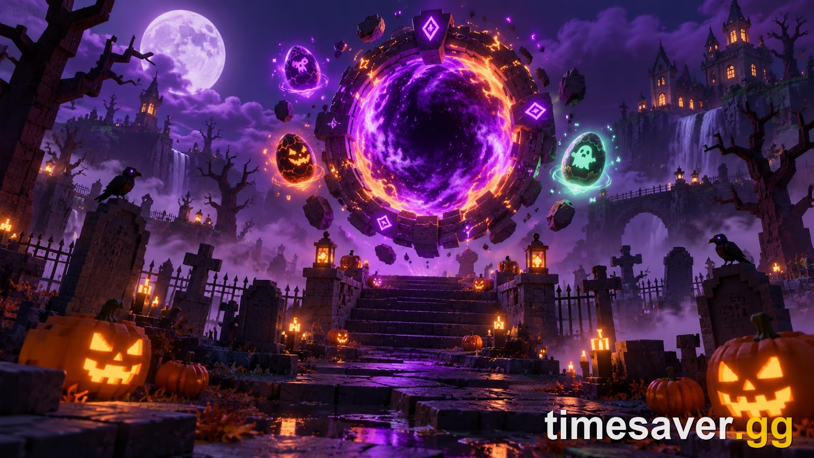 Illustration of a glowing purple-and-orange portal gateway in a spooky Roblox-style graveyard with floating Halloween eggs and jack-o-lanterns, representing the Steal An Egg Halloween Dimension