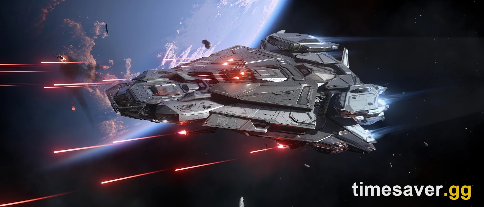 The RSI Constellation Mk V Centaurus flying and firing in space in Star Citizen Alpha 4.10.2