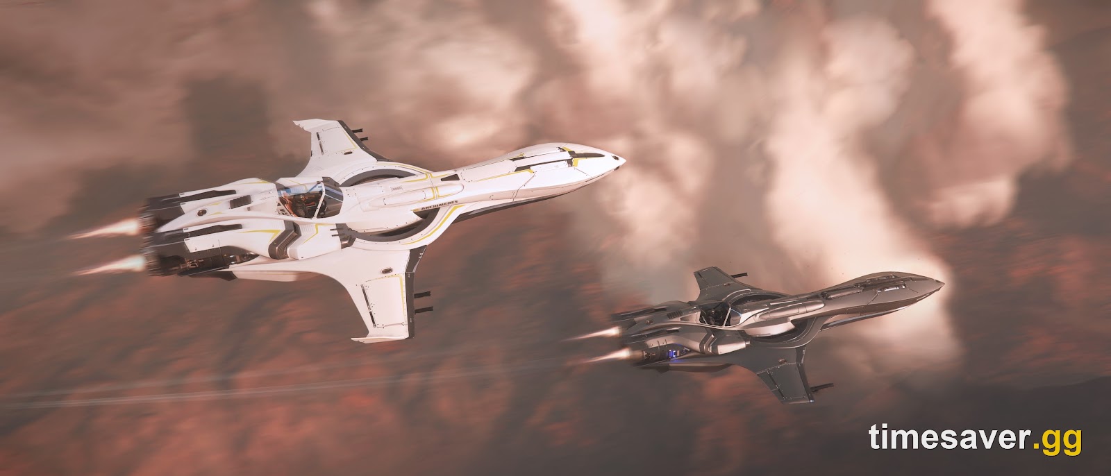Two Star Citizen ships flying in formation over a planet during a Free Fly event