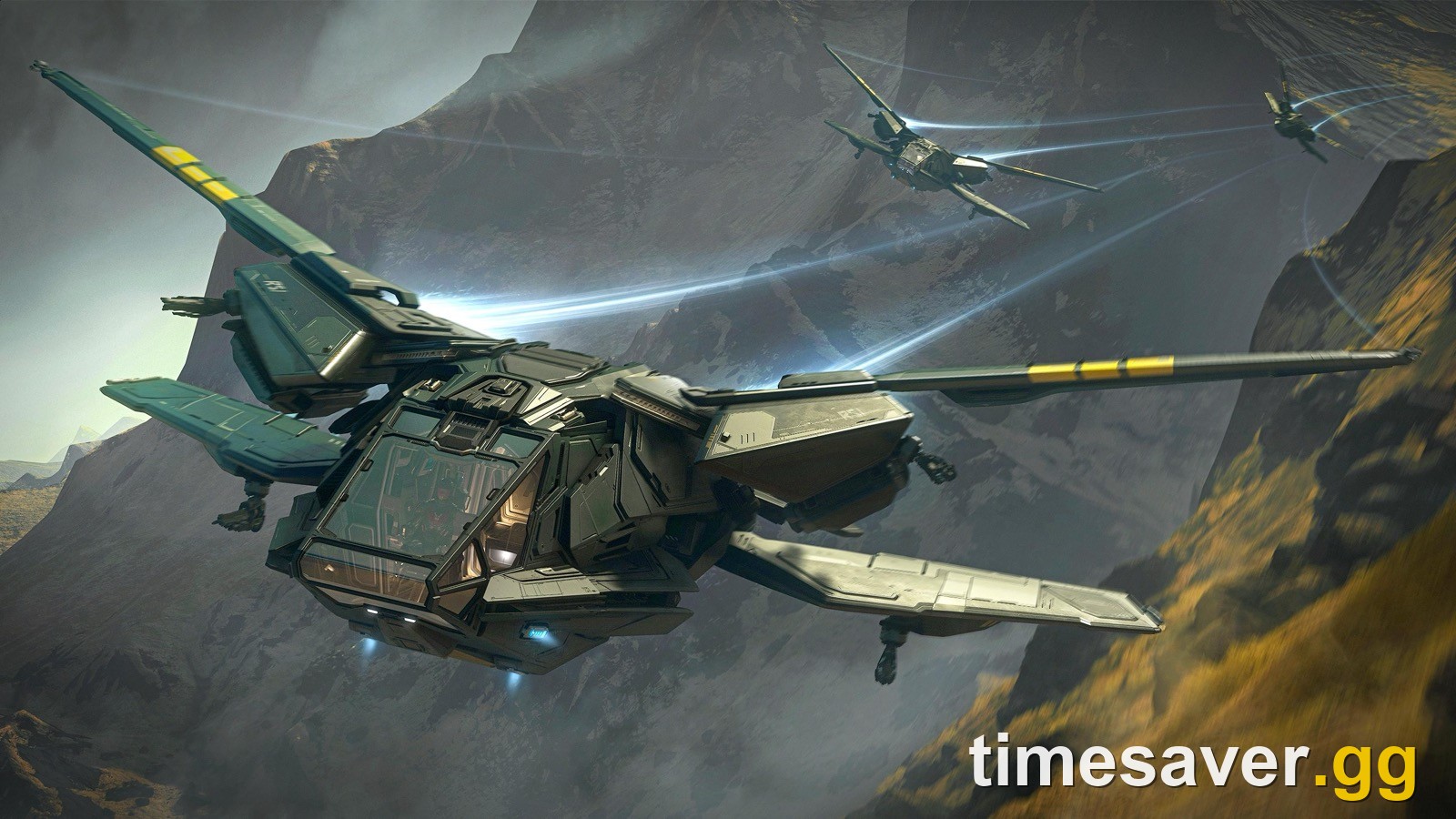 Three Aurora Mk II starter ships flying low over mountains in Star Citizen