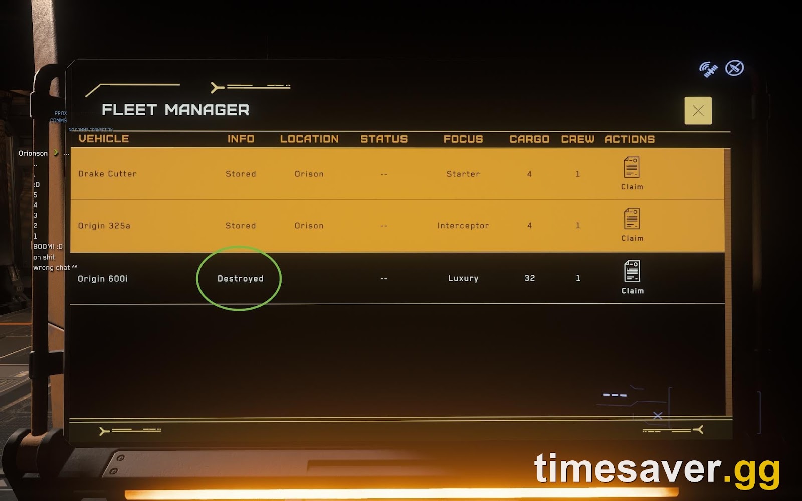 Star Citizen Fleet Manager screen showing a ship marked Destroyed in Alpha 4.10.2